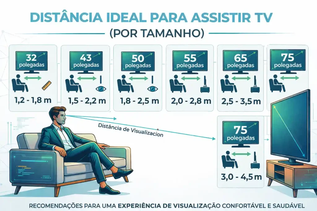 distancia ideal para assistir tv por tamanho de tela 32 43 50 55 65 e 75 polegadas