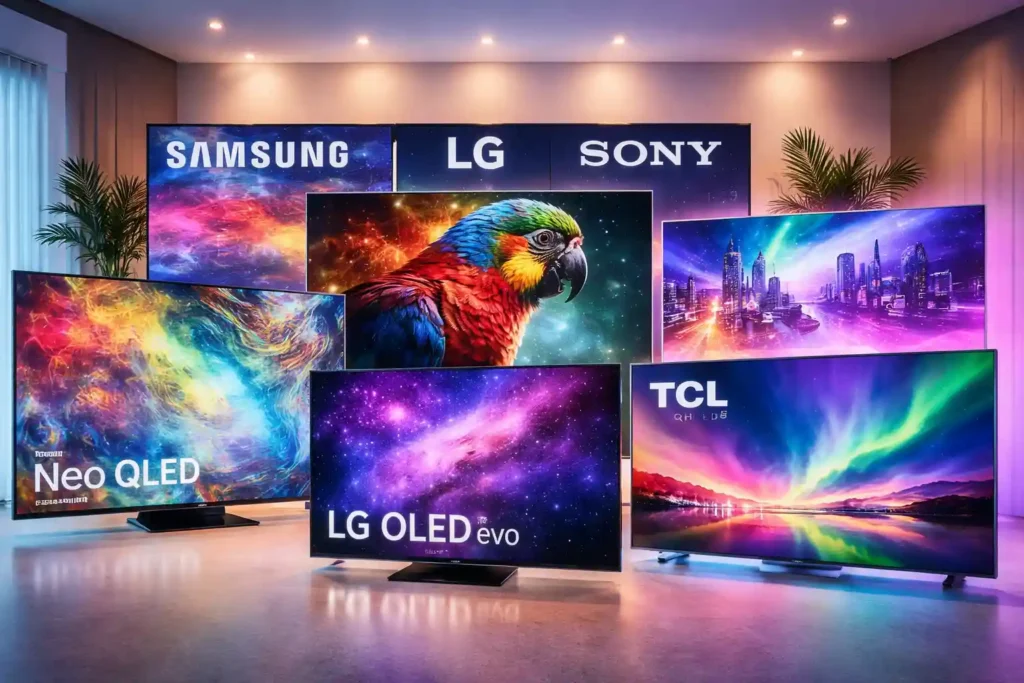 varias smart tvs de marcas diferentes exibindo imagens coloridas em showroom
