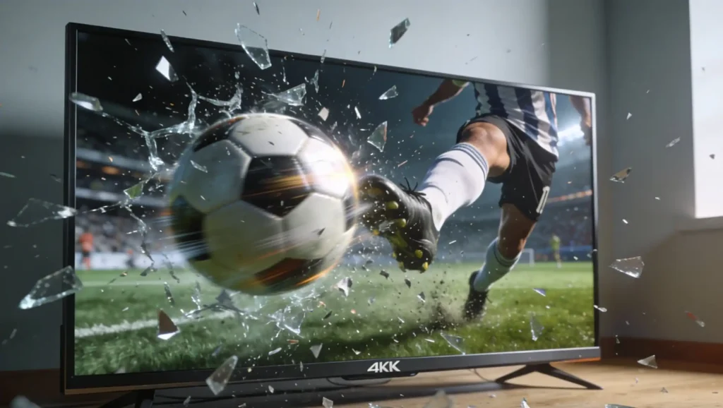 smart tv 4k com imagem realista de futebol com bola saindo da tela