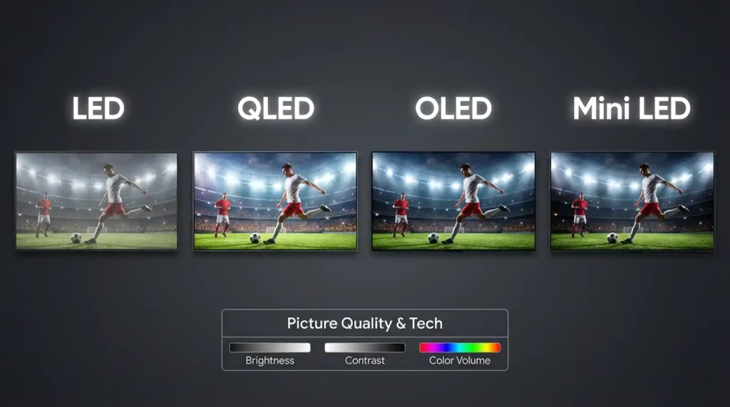diferença entre tv led qled oled mini led