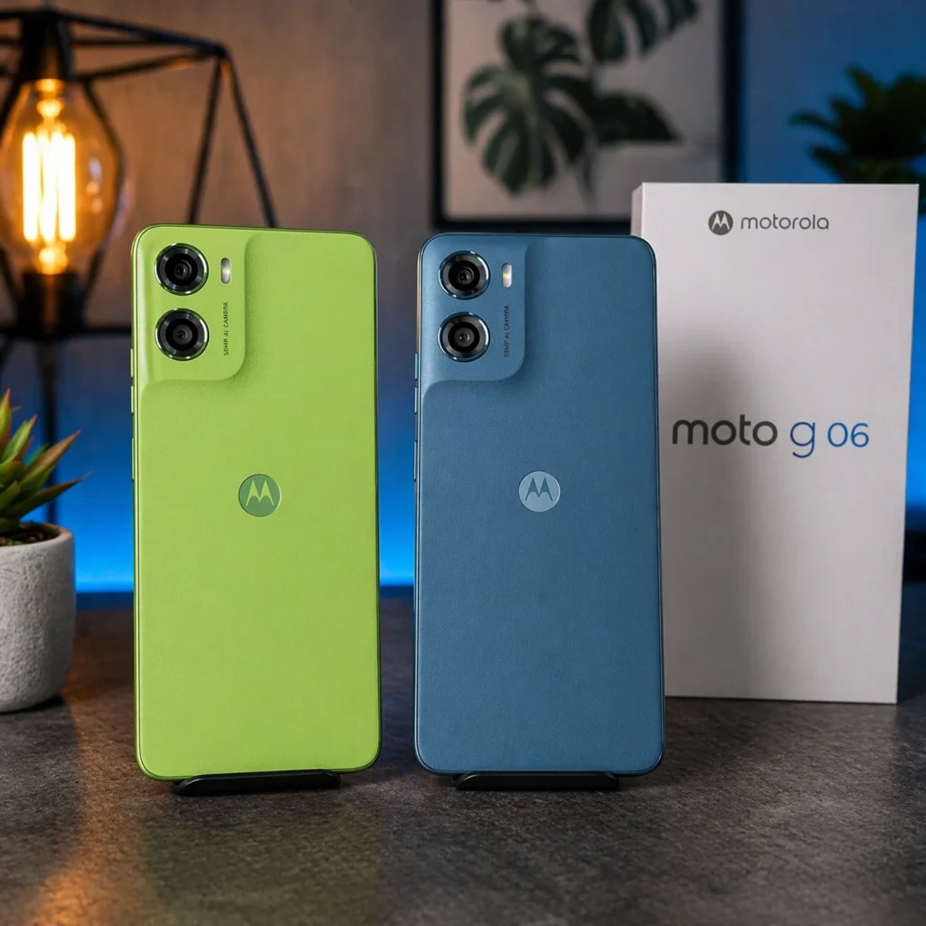 motorola moto g06 verde e azul posicionados em mesa com caixa ao fundo iluminação ambiente