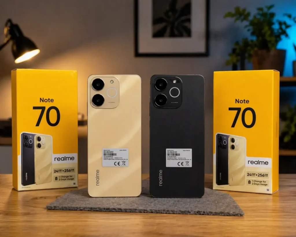 smartphone realme note 70 preto e dourado sobre mesa com caixas ao fundo em cenário moderno