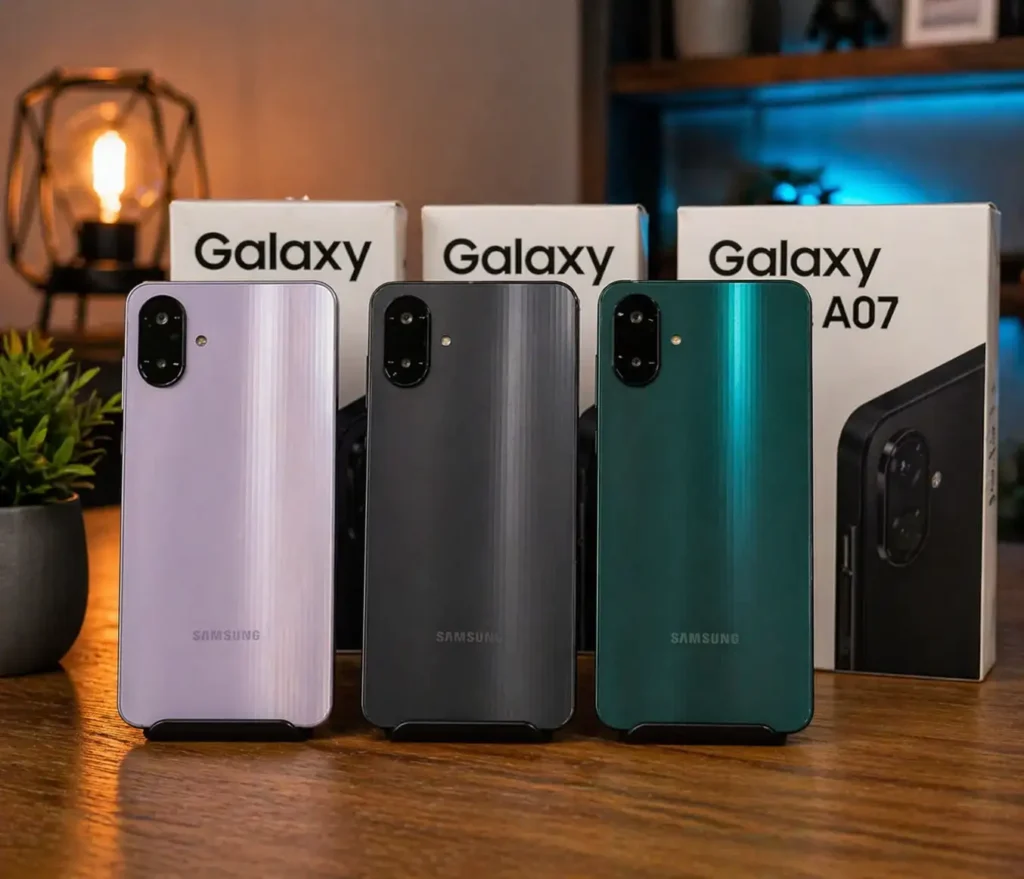 samsung galaxy a07 em três cores sobre mesa com caixas ao fundo iluminação profissional