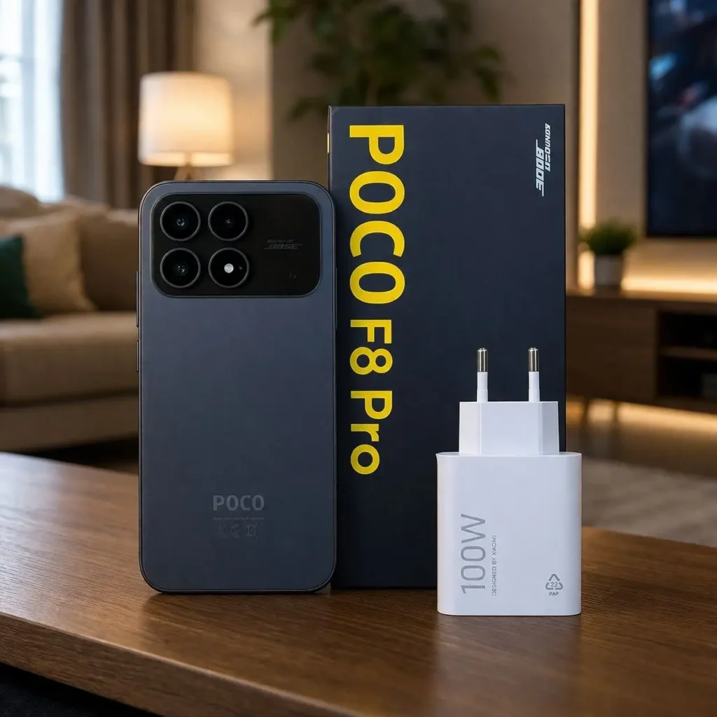 poco f8 pro design traseiro com caixa e carregador 100w
