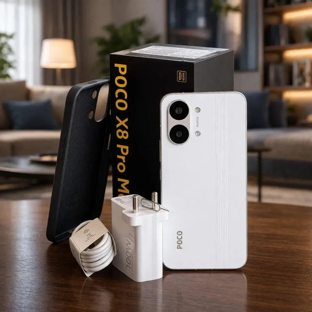poco x8 pro max design traseiro com caixa e acessorios