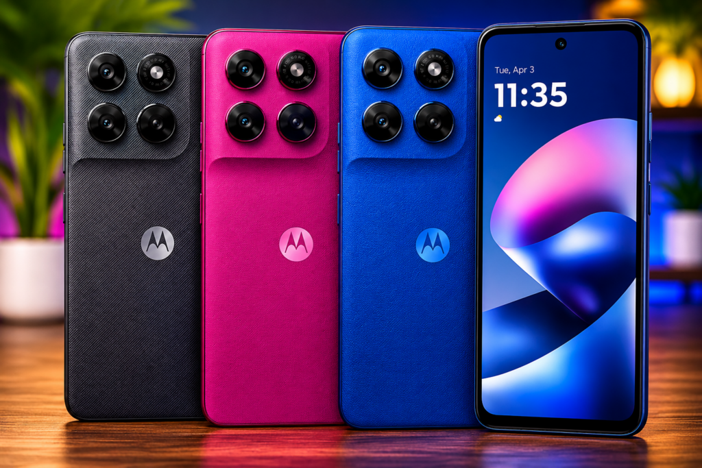 Motorola Moto G37 disponível nas cores grafite, rosa e azul com destaque para o design traseiro e tela frontal.