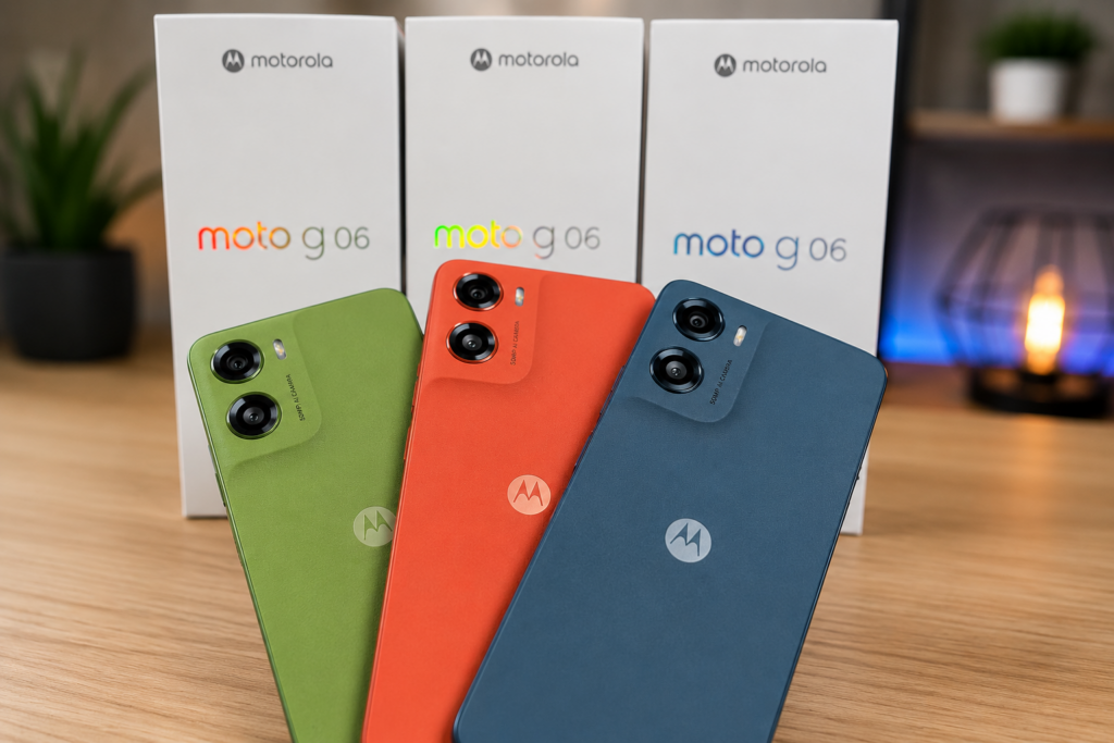 Motorola Moto G06 nas cores verde, laranja e azul com caixas oficiais ao fundo.
