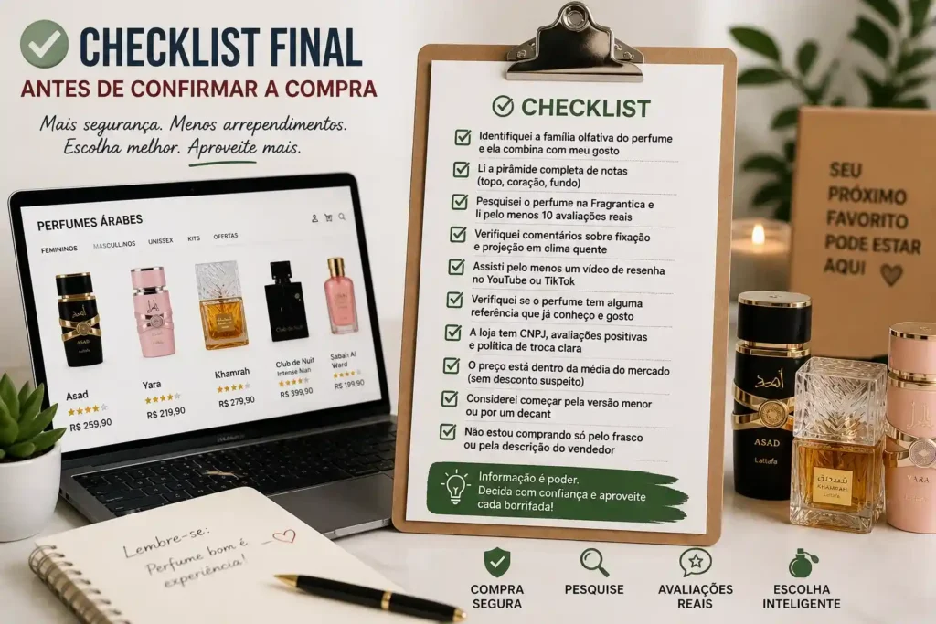 Checklist de verificação antes de comprar perfume online com critérios de escolha