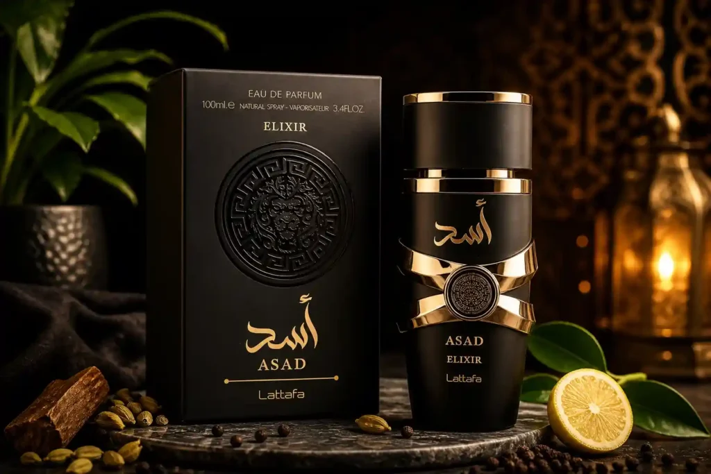 Perfume árabe masculino Asad da Lattafa em frasco escuro com design sofisticado, inspirado no Dior Sauvage Elixir