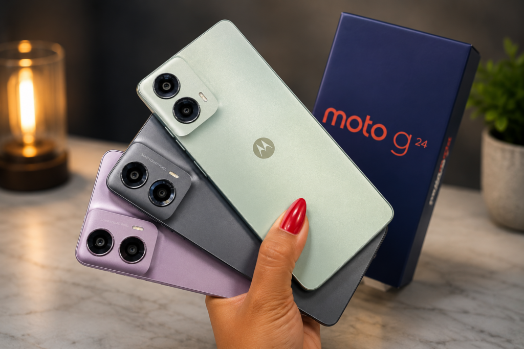 Motorola Moto G24 sendo segurados por uma mão em frente à caixa oficial.