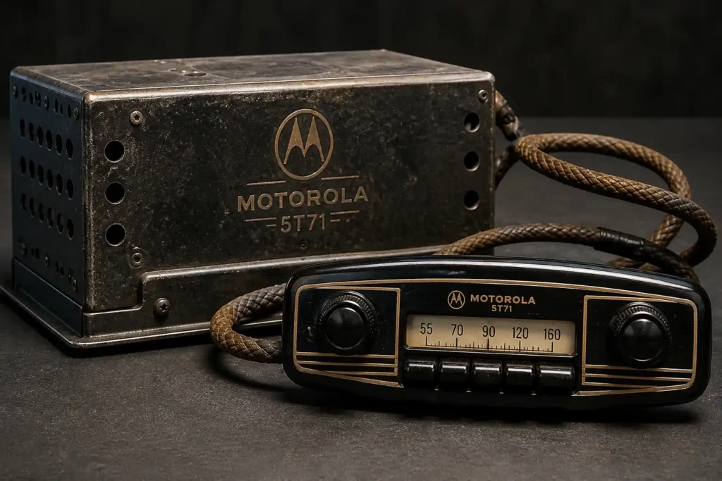 Rádio automotivo Motorola 5T71 representando os primeiros produtos da marca em tecnologia de comunicação