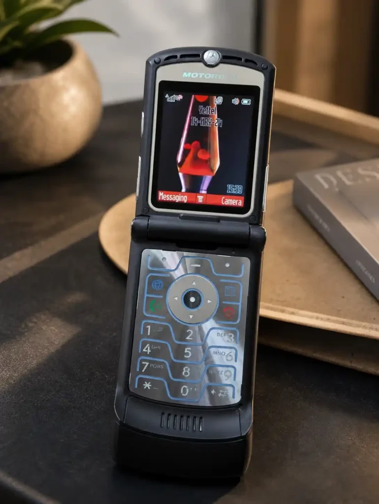 Motorola RAZR V3 aberto em ambiente moderno com fundo sofisticado destacando seu design icônico
