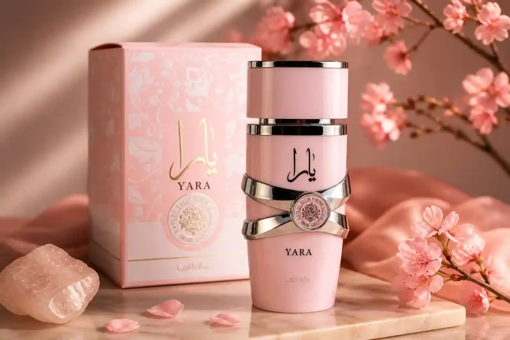 Perfume feminino Yara da Lattafa em frasco rosa elegante com acabamento delicado e design sofisticado