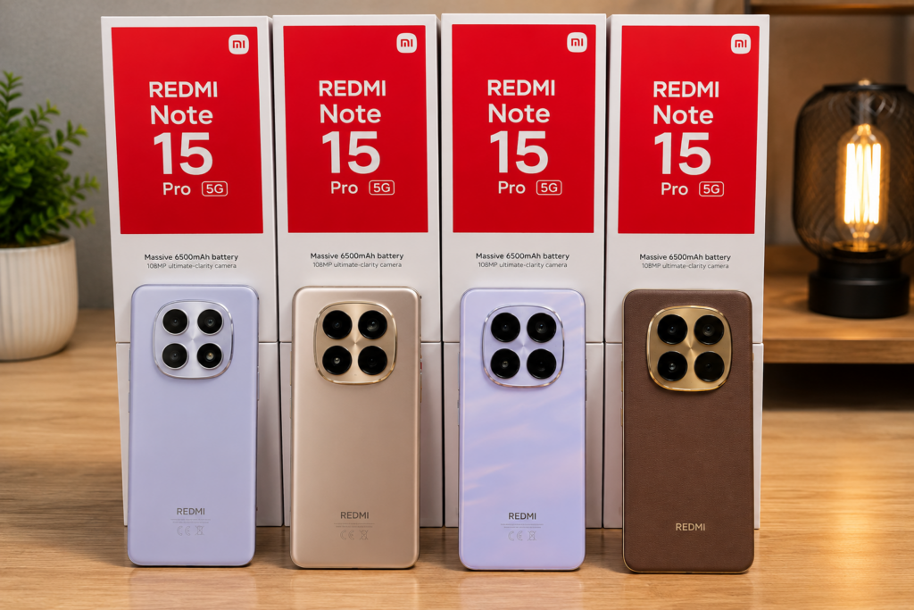 Redmi Note 15 Pro 5G posicionados em frente às caixas oficiais Xiaomi em cenário premium para blog.