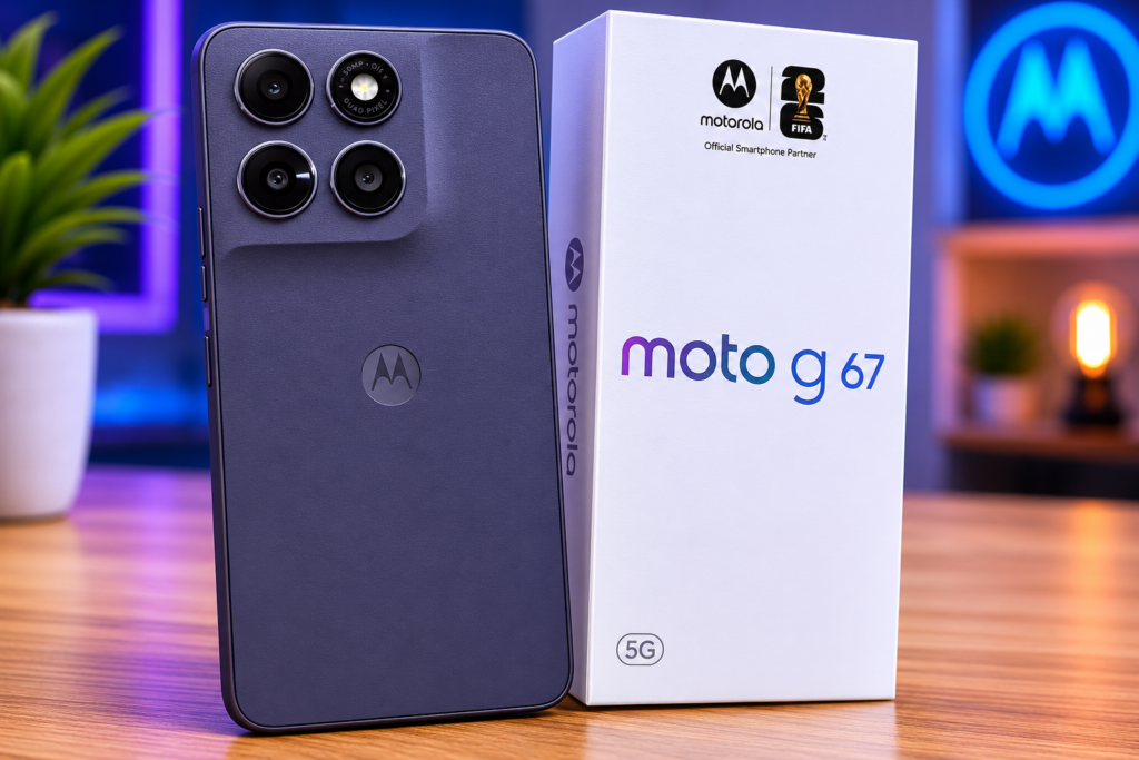 Moto G67 5G azul-marinho ao lado da caixa original em ambiente interno com iluminação profissional e fundo desfocado.