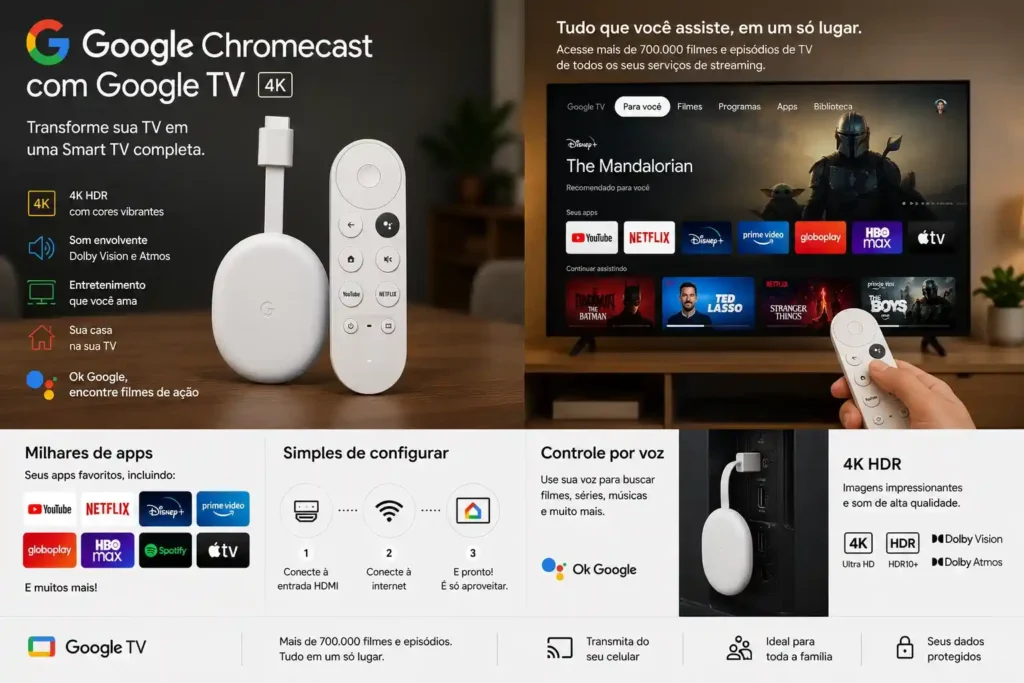 Google Chromecast com Google TV 4K exibindo interface moderna do Google TV em uma Smart TV.