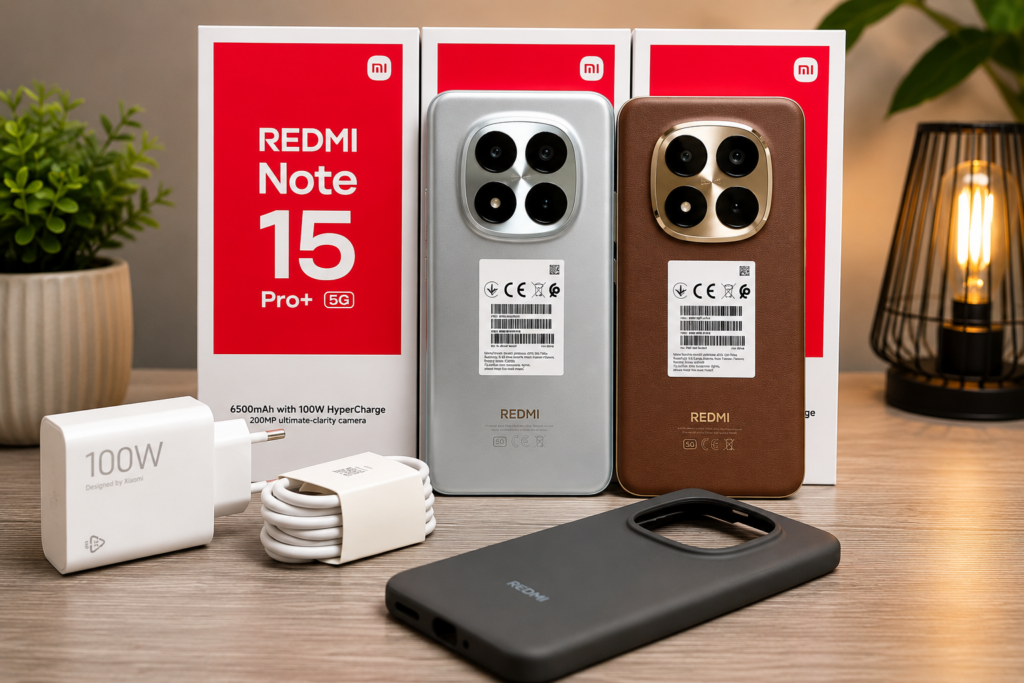 Redmi Note 15 Pro+ 5G nas cores prata e marrom acompanhado de carregador HyperCharge 100 W, cabo USB e caixas oficiais Xiaomi.