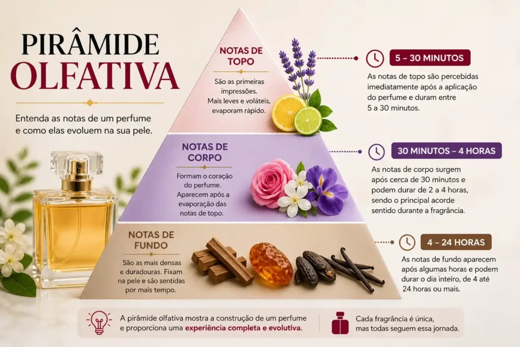 Diagrama da pirâmide olfativa mostrando notas de topo, coração e fundo com tempo de duração