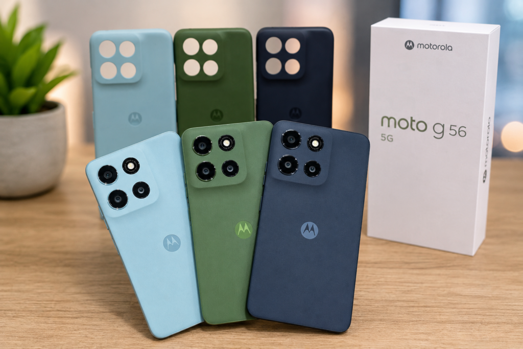 Moto G56 5G nas cores azul, verde e azul-marinho ao lado da embalagem oficial Motorola em cenário interno.