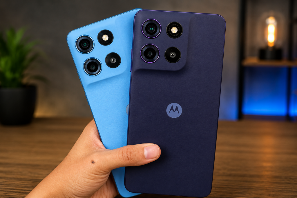 Motorola Moto G17 nas cores azul e roxo exibindo acabamento premium e conjunto de câmeras traseiras.