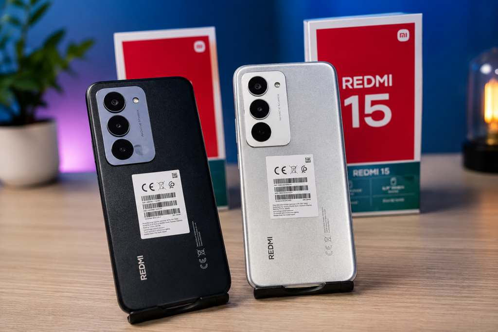 Dois Redmi 15 nas cores preta e prata com caixas oficiais desfocadas ao fundo em ambiente de loja.