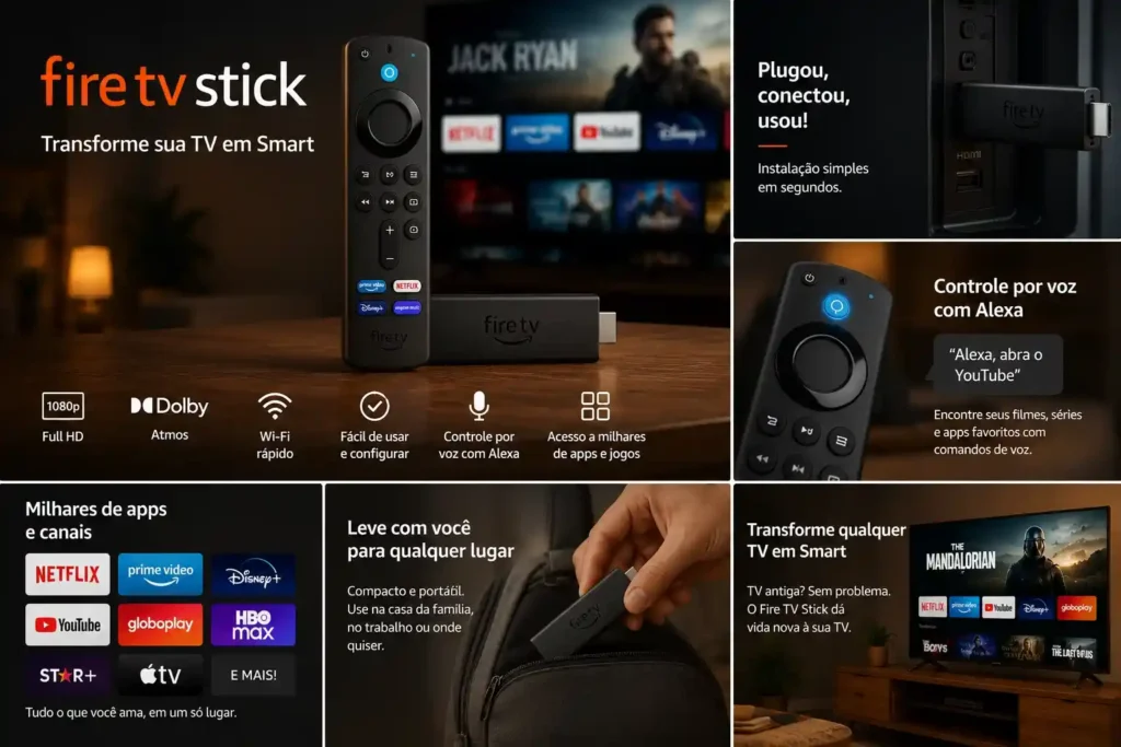 Amazon Fire TV Stick HD conectado à TV exibindo aplicativos de streaming e controle remoto com Alexa.