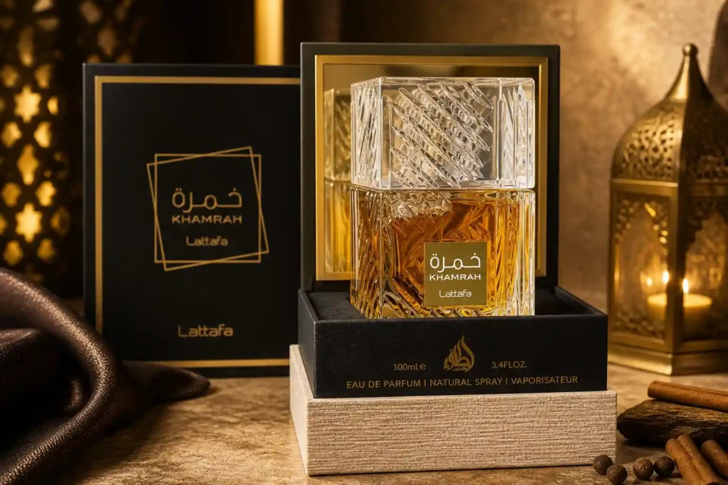 Perfume unissex Khamrah da Lattafa em frasco luxuoso com design inspirado em fragrâncias de nicho orientais