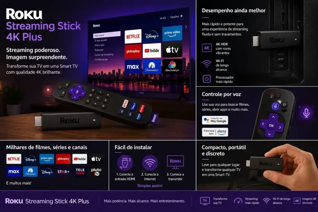 Roku Streaming Stick 4K Plus conectado à televisão com interface simples e foco em streaming em 4K.