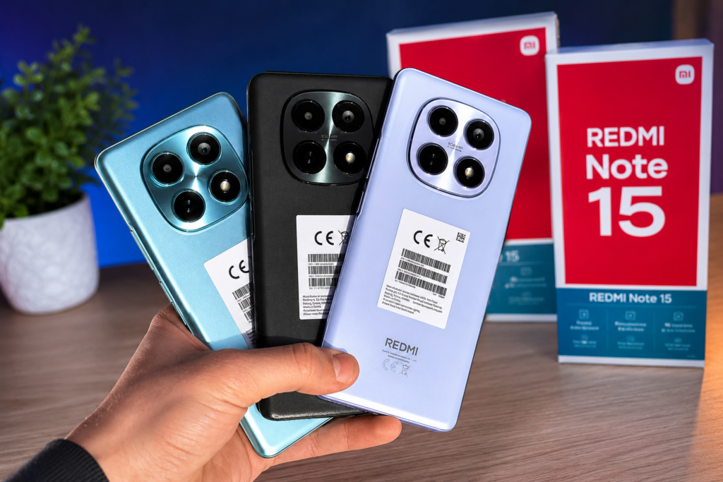 Três unidades do Redmi Note 15 nas cores azul, preta e lilás com caixas ao fundo em iluminação natural.