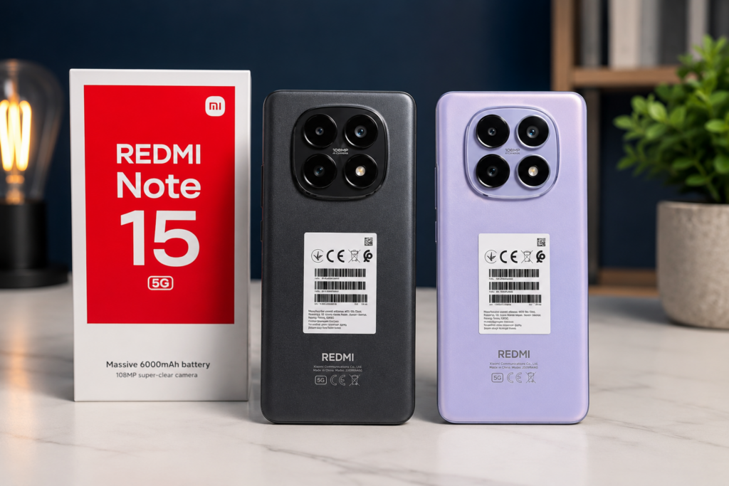 Redmi Note 15 5G nas cores preto e lilás com caixas oficiais Xiaomi ao fundo em cenário premium de fotografia para blog.