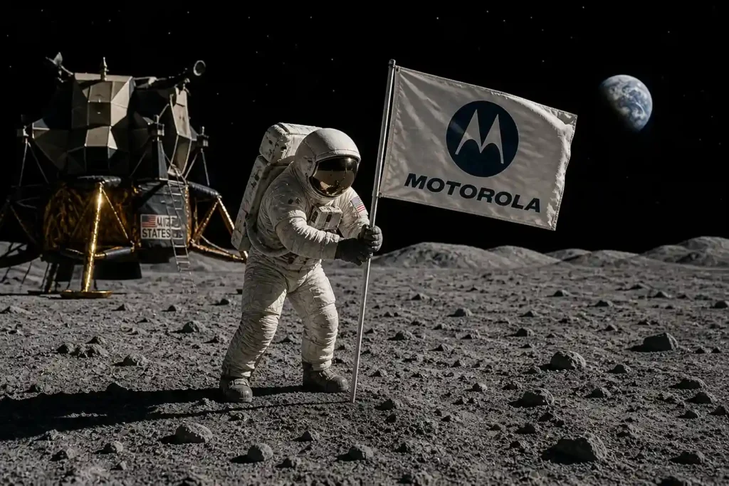 Astronautas na Lua fincando bandeira com logo da Motorola simbolizando transmissão histórica do pouso lunar