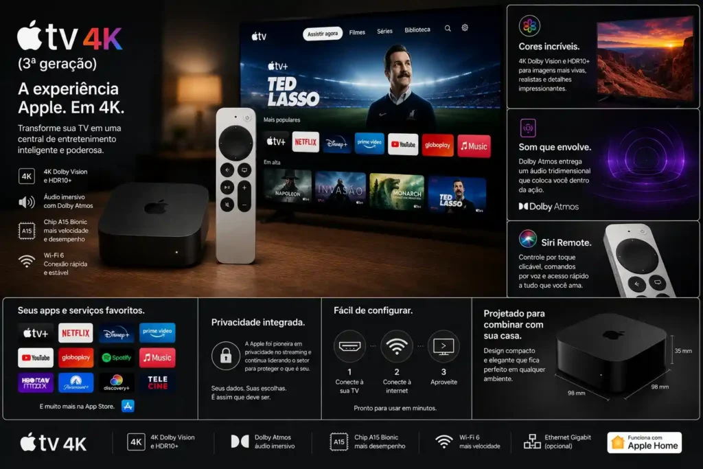 Apple TV 4K terceira geração conectada à televisão com interface premium e integração ao ecossistema Apple.