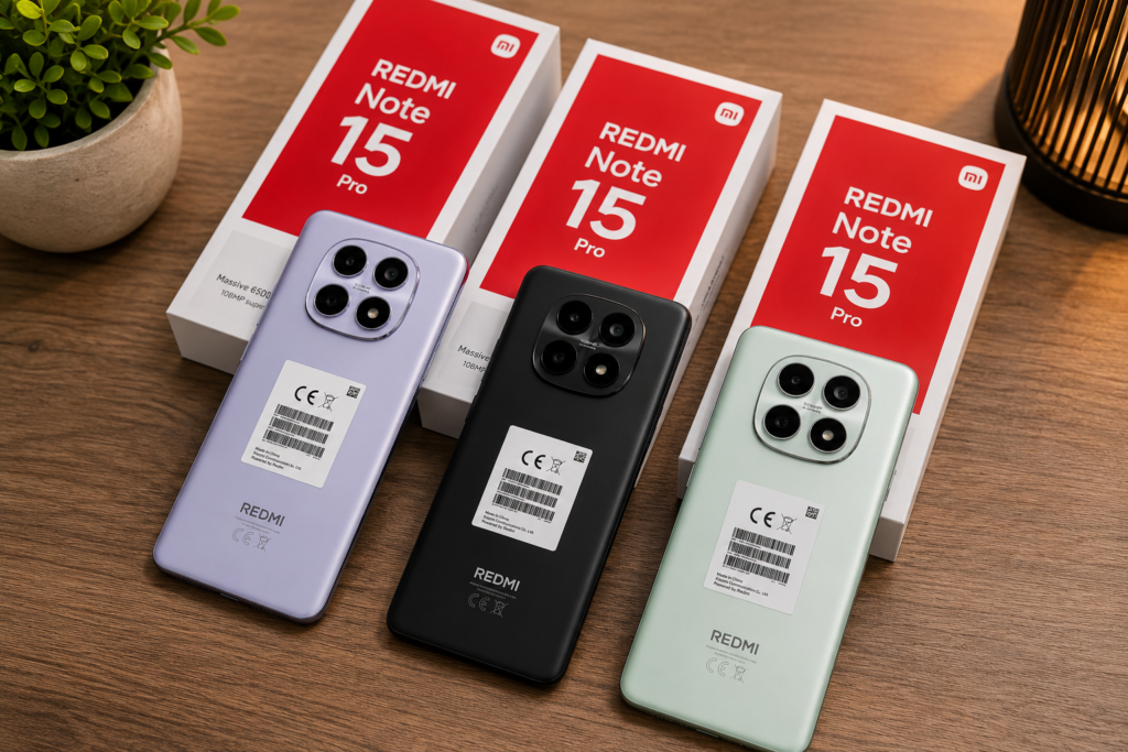Redmi Note 15 Pro nas cores preto, dourado e verde sobre mesa de madeira com caixas oficiais Xiaomi.