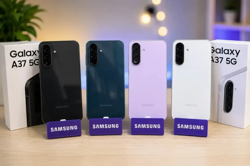 Samsung Galaxy A37 5G em várias cores com iluminação premium e decoração ao fundo para artigo sobre celulares Samsung