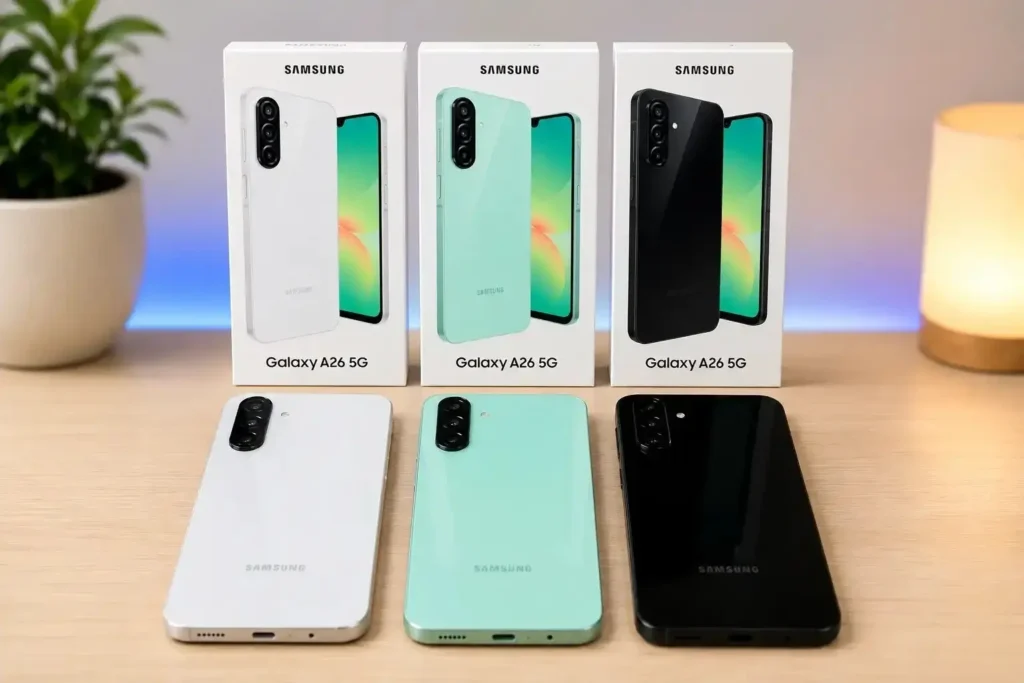 Samsung Galaxy A26 5G em versões branca, verde e preta com caixas oficiais em cenário clean para blog de tecnologia