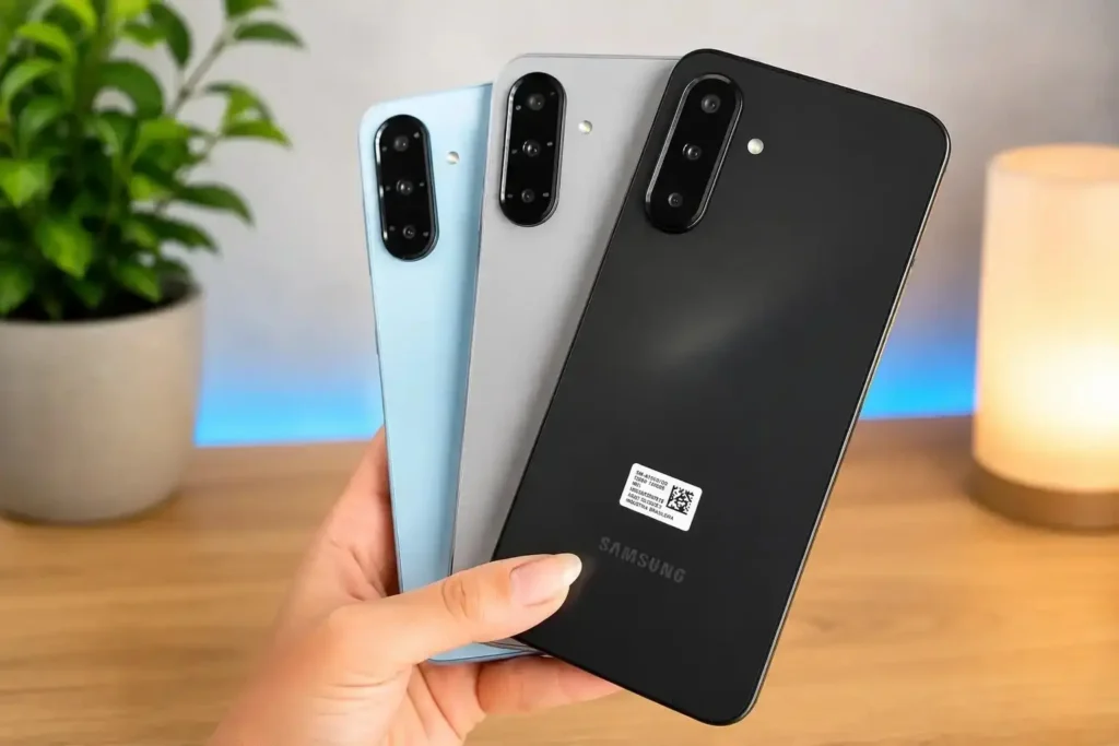 Samsung Galaxy A17 em cores azul, cinza e lilás com fundo desfocado estilo premium para artigo comparativo