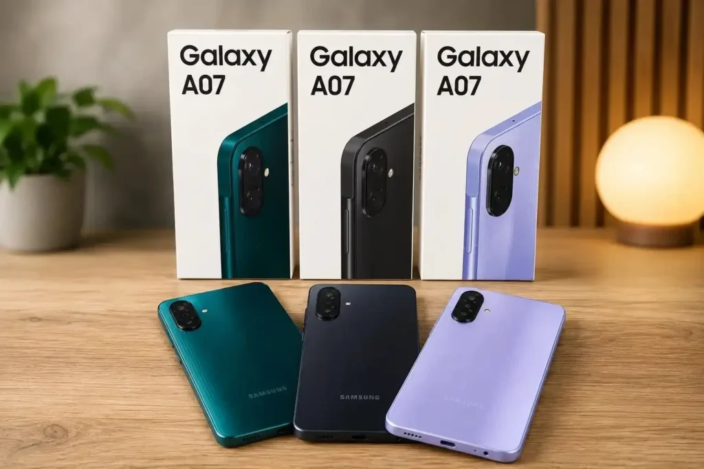 Samsung Galaxy A07 em diferentes cores com caixas originais sobre fundo moderno para artigo da linha Galaxy A 2026