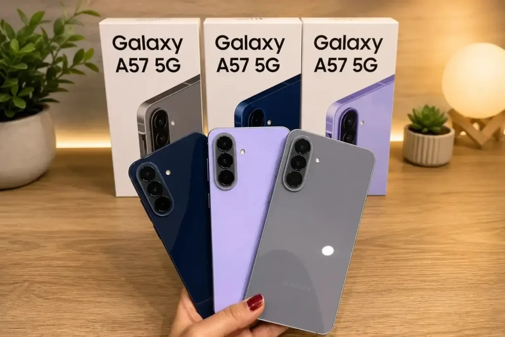 Samsung Galaxy A57 5G em azul, lilás e cinza com caixas oficiais em ambiente sofisticado para review da linha Galaxy A