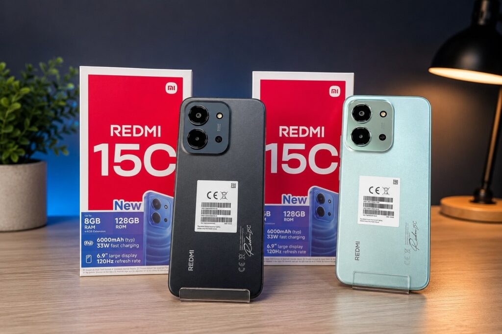 Redmi 15C nas cores preto e verde ao lado das caixas oficiais em cenário minimalista para blog.