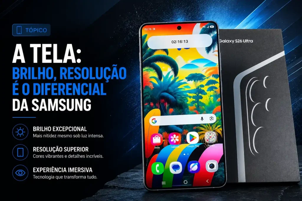Tela do Samsung Galaxy S26 Ultra destacando brilho, resolução e qualidade de imagem para consumo de conteúdo.