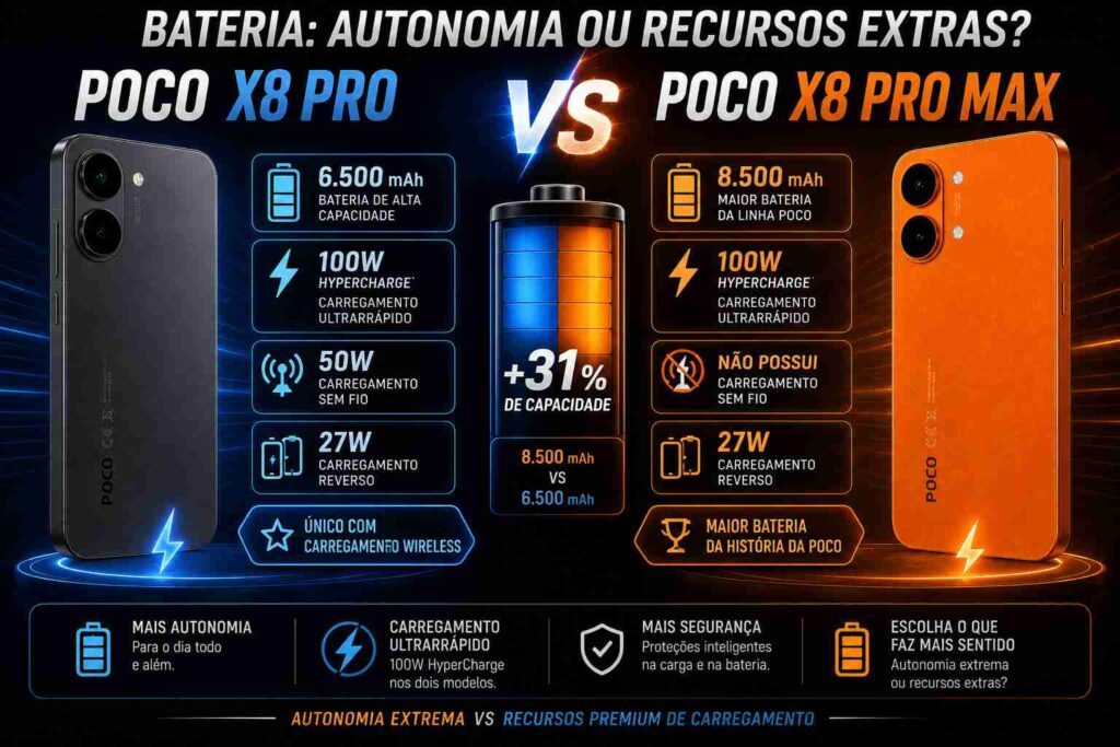 Comparação de bateria entre POCO X8 Pro e POCO X8 Pro Max destacando autonomia e carregamento.