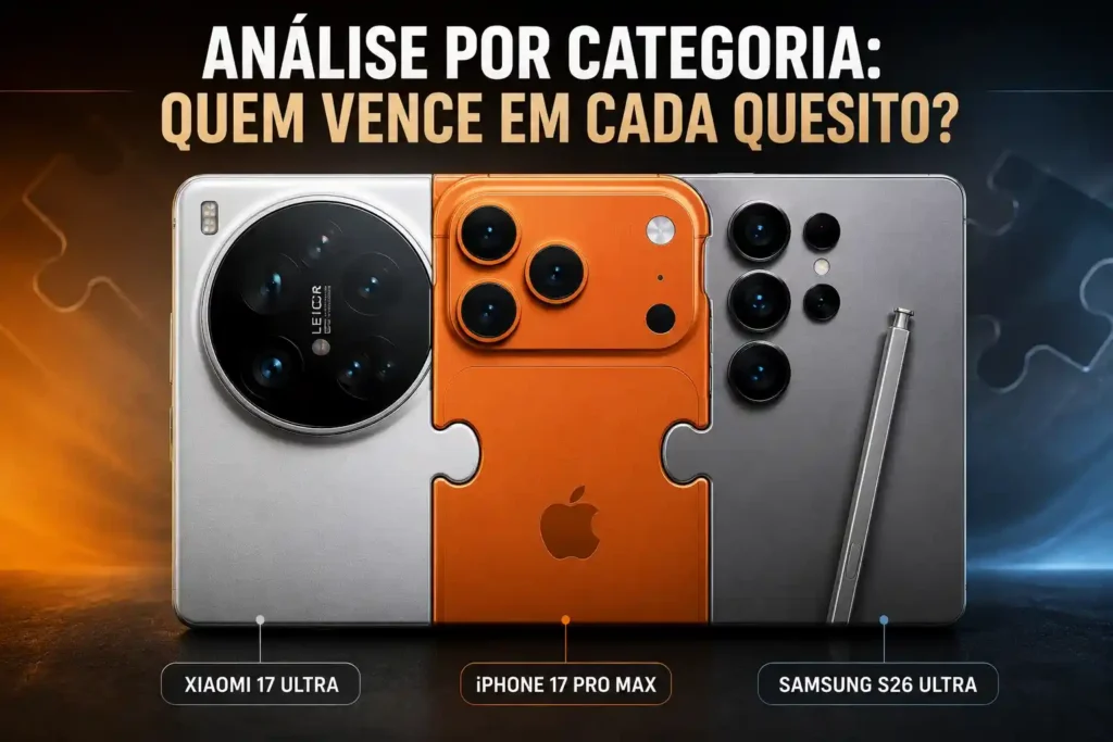 Arte em formato de quebra-cabeça reunindo características do Xiaomi 17 Ultra, Samsung Galaxy S26 Ultra e iPhone 17 Pro Max.