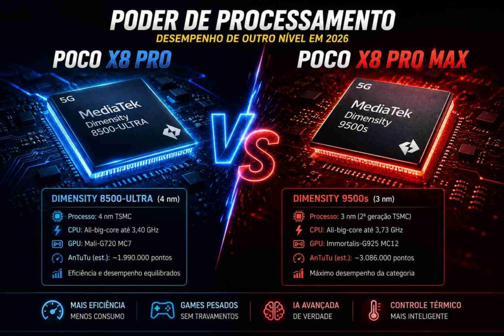 Comparação entre os processadores Dimensity 8500-Ultra e Dimensity 9500s presentes no POCO X8 Pro e X8 Pro Max.
