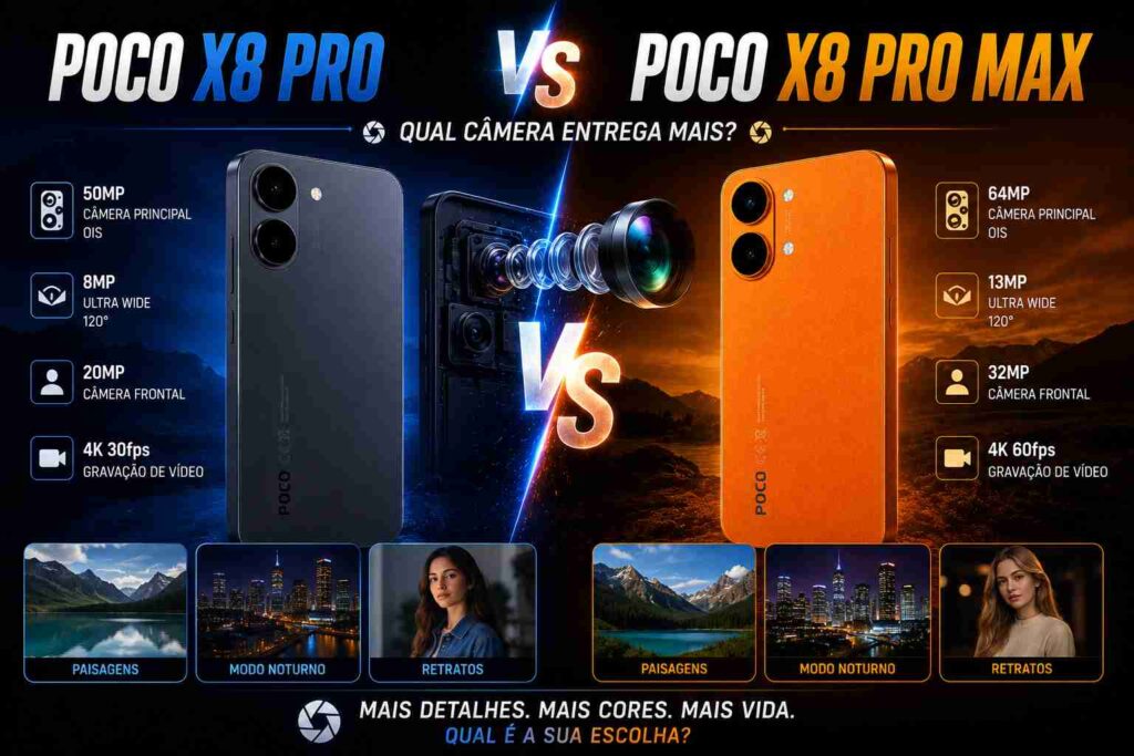 Módulos de câmera do POCO X8 Pro e POCO X8 Pro Max em comparação fotográfica.