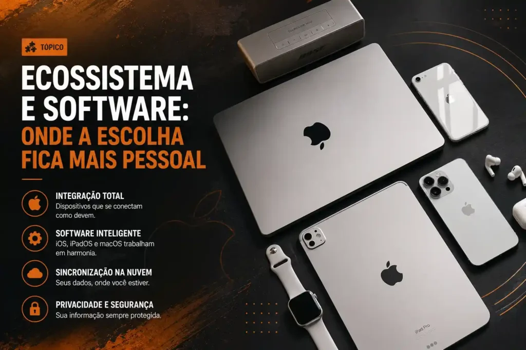 Ecossistema Apple integrado com iPhone, MacBook, iPad e Apple Watch destacando a conectividade entre dispositivos.
